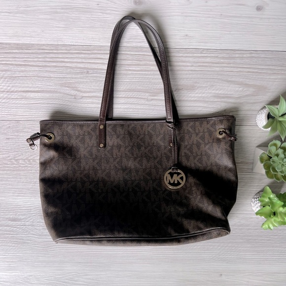MICHAEL KORS jet set reversible brown logo snake print tote - Picture 1 of 16